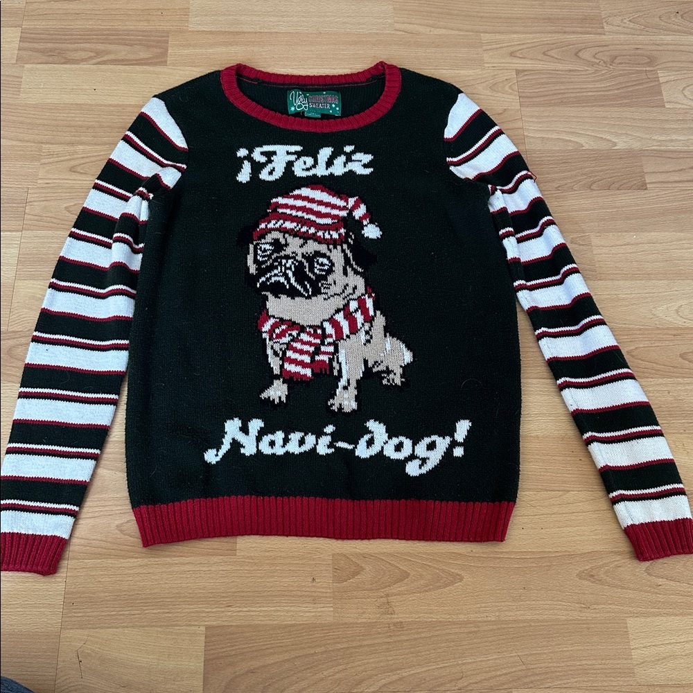 Ugly Christmas Sweater Black and Red Feliz Navi Dog